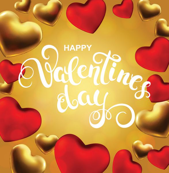 کارت پستال تبریک روز ولنتاین با قلب های قرمز طلایی و خوشنویسی دست نویس وکتور