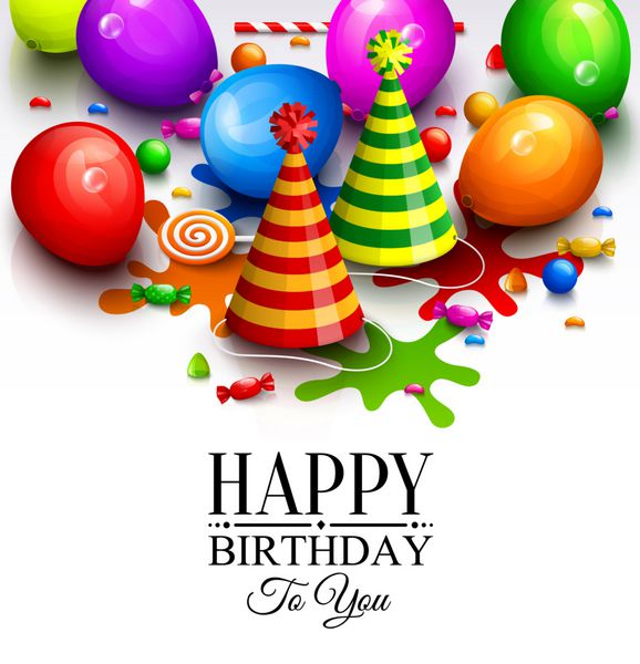 کارت تبریک تولدت مبارک بادکنک های رنگارنگ مهمانی کلاه پاشش رنگ آب نبات آبنبات چوبی و حروف شیک بردار