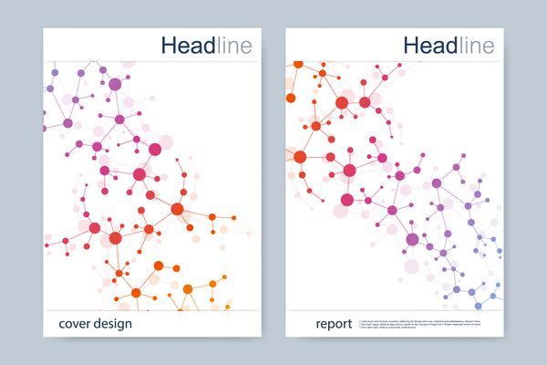 قالب طراحی بروشور علمی طرح بندی بروشور ساختار مولکولی با خطوط و نقاط متصل الگوی علمی DNA اتم با عناصر برای مجله جزوه جلد طراحی پوستر