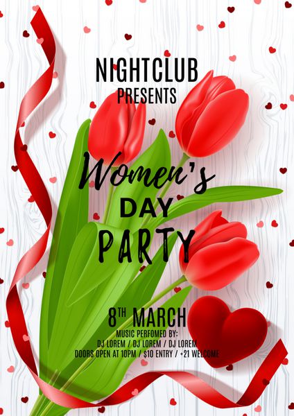 پوستر جشن روز زن پوستر زیبا با لاله قرمز و روبان ساتن و کیف برای انگشتر وکتور با کانفتی روی بافت چوبی دعوت به کلوپ شبانه
