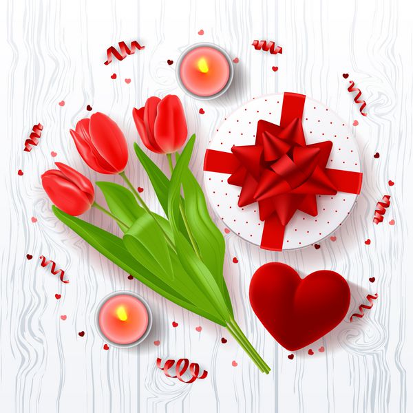 کارت تبریک روز زن نمای بالای ترکیب با گل های قرمز جعبه کادو کیف حلقه شمع و آبنبات وکتور با سرپانتین روی بافت چوبی