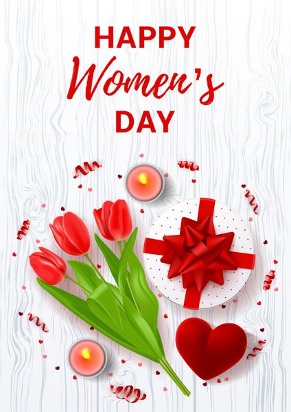 بروشور تبریک روز زن نمای بالای ترکیب با گل های قرمز جعبه کادو کیف حلقه شمع و آبنبات وکتور با سرپانتین روی بافت چوبی