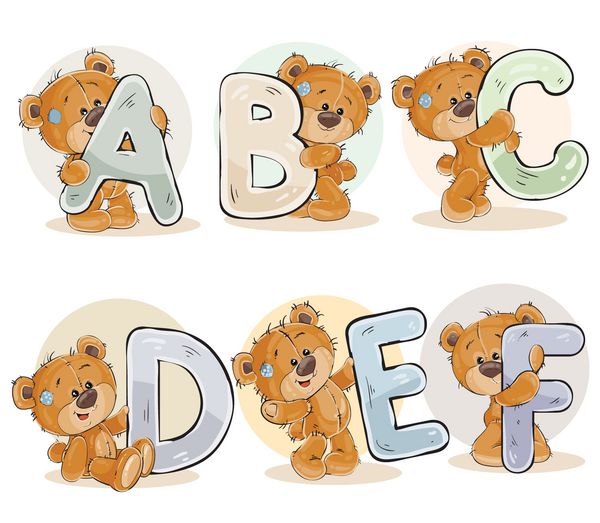 مجموعه حروف وکتور الفبای انگلیسی با خرس عروسکی خنده دار