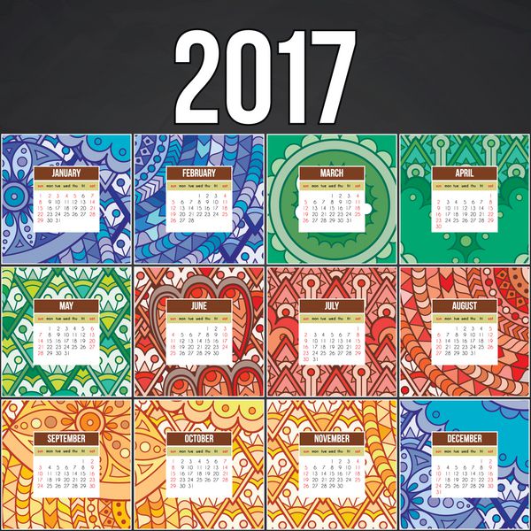 تقویم رنگارنگ Zentangle 2017 با دست نقاشی شده به سبک الگوهای گل و ابله
