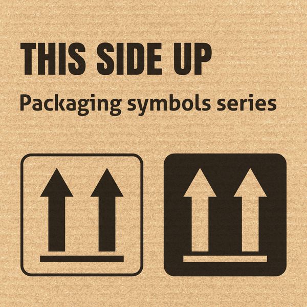 نماد بسته بندی این سمت بالا روی پس زمینه مقوا راه راه برای استفاده در جعبه های مقوایی بسته ها و بسته ها وکتور