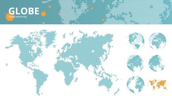 نقشه جهان نقطه‌دار تجاری با مراکز اقتصادی مشخص شده و کره‌های زمین الگوی وکتور برای طراحی وب سایت گزارش سالانه اینفوگرافیک ارائه های تجاری مطالب چاپی