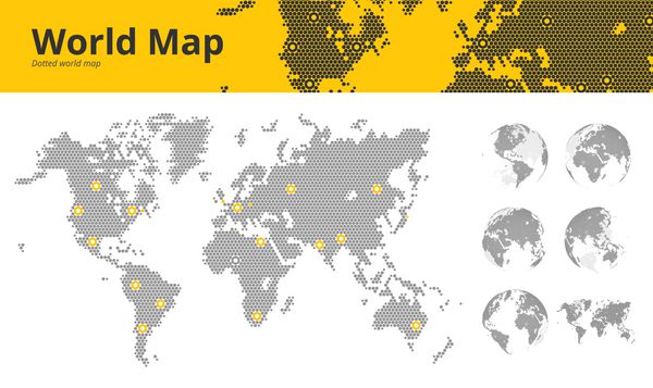 نقشه جهان نقطه‌دار تجاری با مراکز اقتصادی مشخص شده و کره‌های زمینی که همه قاره‌ها را نشان می‌دهد وکتور برای طراحی وب سایت اینفوگرافیک ارائه های تجاری مطالب چاپی