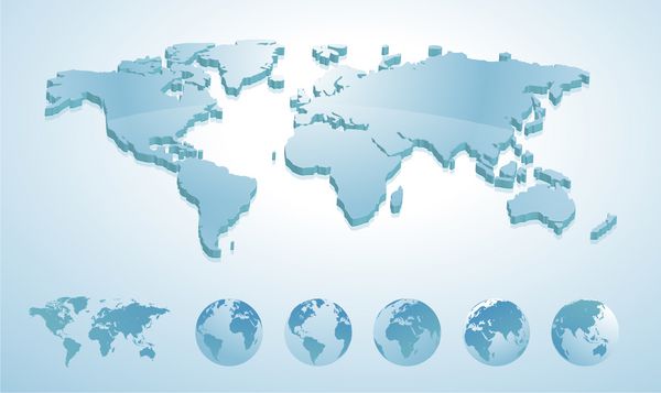 تصویر سه بعدی نقشه جهان با کره های زمین که همه قاره ها را نشان می دهد قالب وکتور برای طراحی وب سایت گزارش سالانه اینفوگرافیک ارائه تجاری و سفر مطالب چاپی