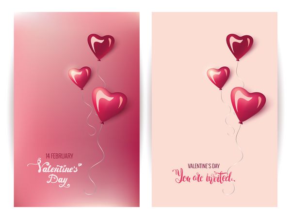 کارت دعوت روز ولنتاین مبارک خوشنویسی دست نویس با بادکنک های سه بعدی براق قلب شکل در پس زمینه تار وکتور