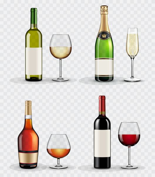 لیوان ها و بطری های مختلف الکل در زمینه شفاف