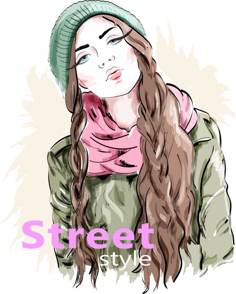 دختر مد با کلاه بافتنی مدرن و ژاکت لباس های استایل خیابانی طرح زن
