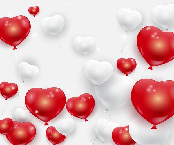 بادکنک های جشن و سفید و قرمز زیبا به شکل قلب پس زمینه وکتور عاشقانه بالن های هلیوم وکتور واقعی با درخشش جشن روز ولنتاین
