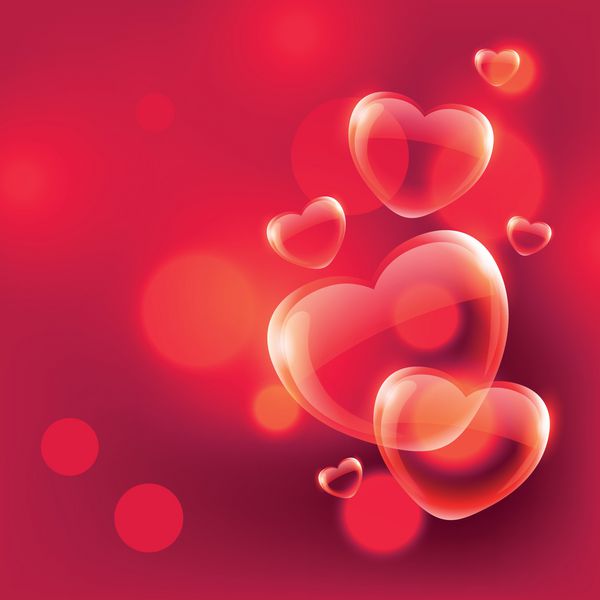 حباب های قلب های عاشقانه زیبا که در هوا روی بک بوکه قرمز شناورند