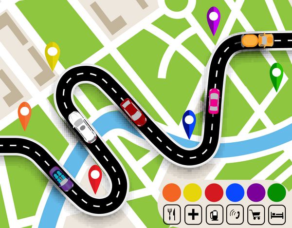 جاده پر پیچ و خم با علائم نقشه شهر حرکت وسایل نقلیه مسیر هدایتگر را مشخص می کند تصویر