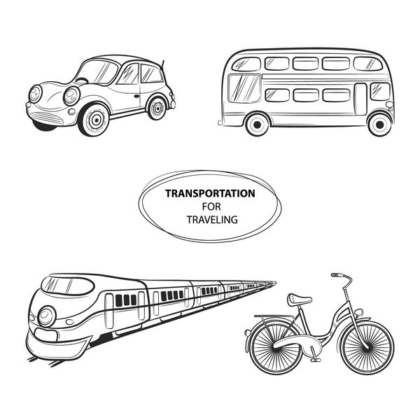 طراحی دستی حمل و نقل نمادهای سفر قطار اتوبوس ماشین دوچرخه وکتور
