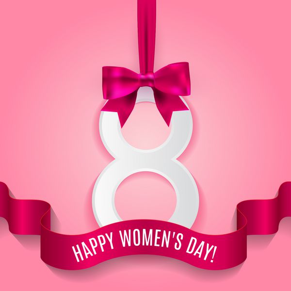 مارس پس زمینه روز جهانی زن با روبان ابریشمی و پاپیون کاغذ شماره 8 با سایه کارت تبریک روز زن یا روز مادر وکتور