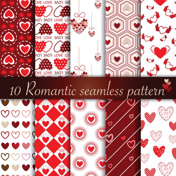 مجموعه 10 از پس زمینه الگوی بدون درز قلب قرمز استفاده از وکتور برای طرح شما روز ولنتاین مبارک عروسی پارچه و کاغذ نمونه های الگو موجود در فایل