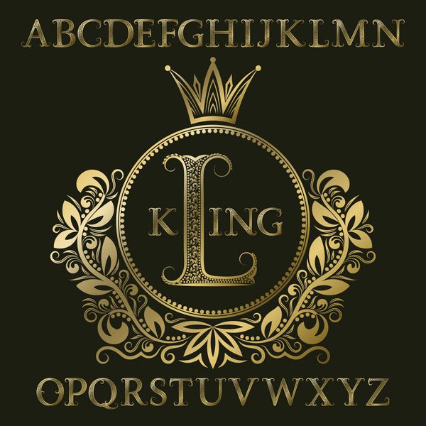 حروف طرح دار طلایی و مونوگرام اولیه در نشان با تاج شکل کیت فونت و عناصر سلطنتی برای طراحی لوگو