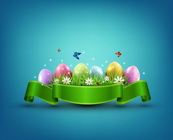 وکتور تخم مرغ عید پاک با علف و گل در ایزولات روبان سبز