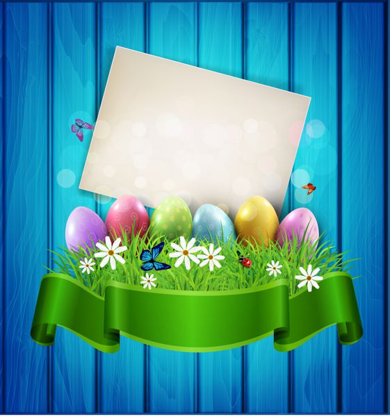 وکتور تخم مرغ عید پاک با کارت تبریک علف و گل به رنگ
