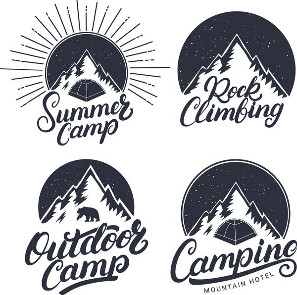مجموعه ای از لوگوهای قدیمی کمپینگ کمپ تابستانی فضای باز و صخره نوردی نشان ها برچسب ها نشان ها