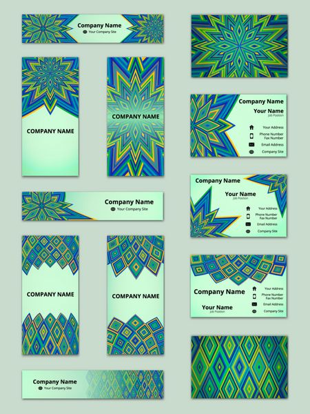 ست قالب هویت شرکتی کارت ویزیت بنر و کارت دعوت با طرح تزئینی در سایه های آبی سبز و زرد