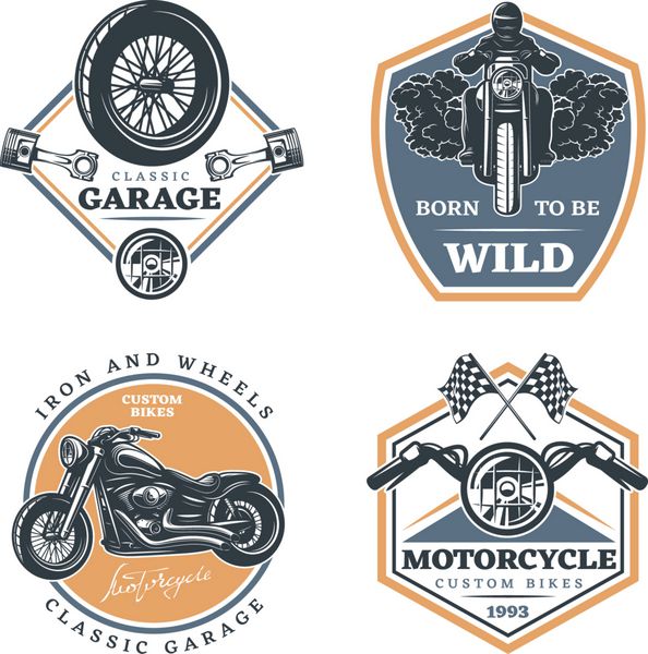 مجموعه ای از نمادهای رنگی موتور سیکلت برچسب ها آرم ها و نشان های موتور سیکلت با توضیحات دوچرخه های سفارشی گاراژ کلاسیک متولد شده برای وحشی وکتور