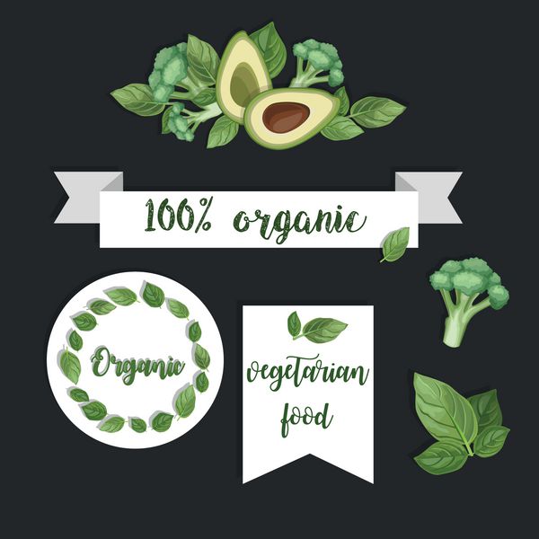 100 ارگانیک برچسب‌های آووکادو کلم بروکلی و برگ‌های ریحان سبزیجات سالم جدا شده در زمینه خاکستری وکتور با دست کشیده شده است قالبی زیبا برای طراحی شما