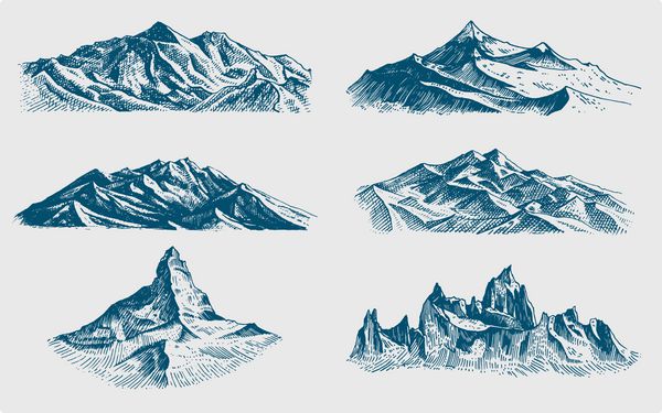 مجموعه بزرگی از قله‌های کوهستانی قدیمی طراحی شده با دست قدیمی طرح یا سبک حکاکی شده نسخه‌های مختلف برای پیاده‌روی کوهنوردی