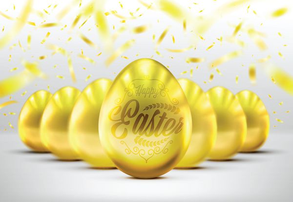 گروهی از تخم مرغ به رنگ طلایی برای روز عید پاک یا کارت تبریک عید پاک