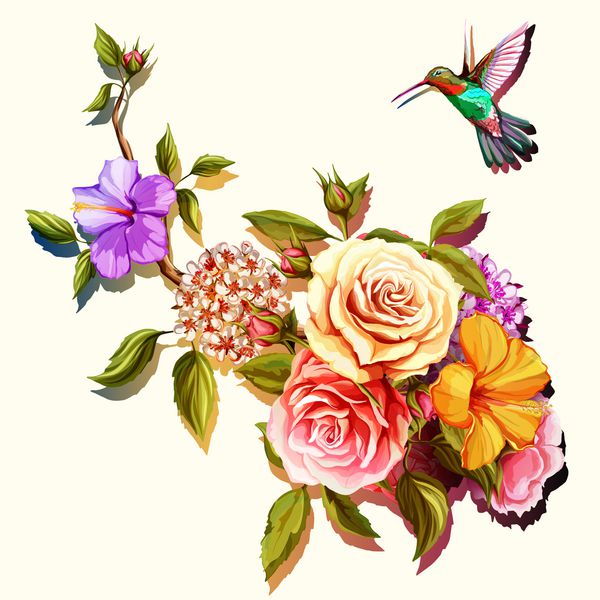 گل ها دسته گل رز و گل صد تومانی با پرنده زمزمه کننده عکس قدیمی می تواند به عنوان دعوت کارت تبریک چاپ روی لباس و غیره استفاده شود گل های طراحی شده با دست وکتور - سهام