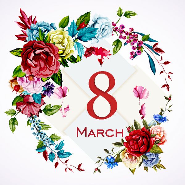 قالب کارت تبریک 8 مارس با گل گل رز وحشی گل رز گل صد تومانی گل ذرت زنبق دره دست کشیده وکتور - سهام