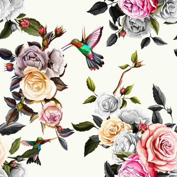 پرنده ی زمزمه گل رز و گل صد تومانی با برگ هایی روی سفید آبرنگ پاستلی الگوی پس زمینه بدون درز وکتور - سهام