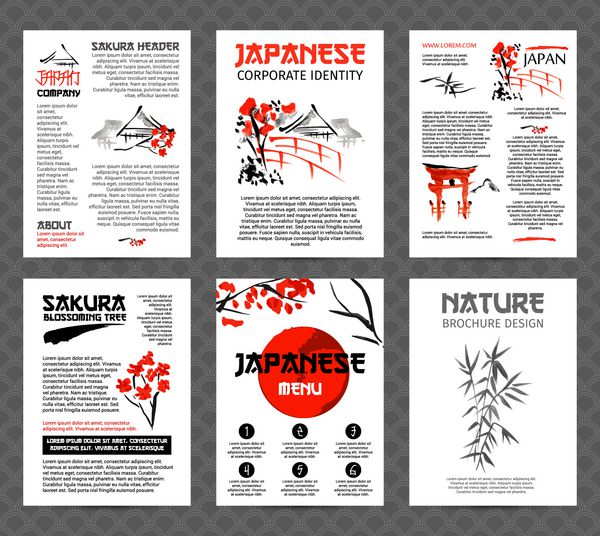 بنرها یا پوسترهایی با مناظر آسیایی ساختمان ها و شاخه های شکوفه ساکورا به سبک سنتی ژاپنی سومی وکتور قالب بروشور