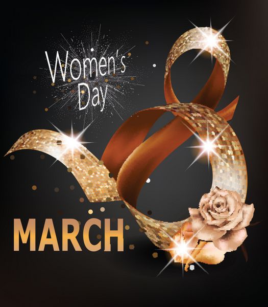 کارت تبریک روز زن 8 مارس با روبان هشت شکل با بافت طلایی گل رز و قاب وکتور