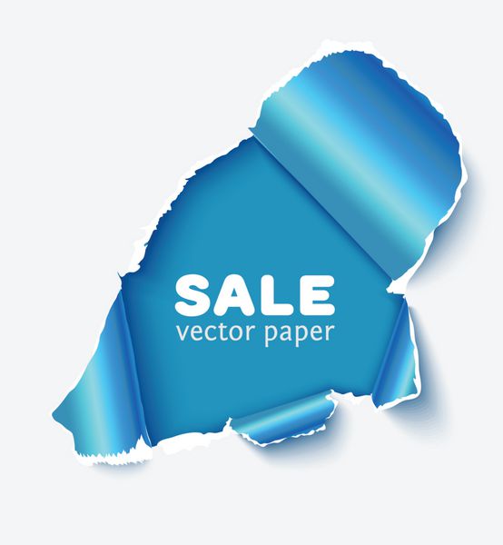 سوراخ در کاغذ سفید با کناره های پاره شده آبی براق و با فضایی برای متن وکتور واقعی کاغذ پاره شده برای فروش تبلیغاتی بنرهای وب