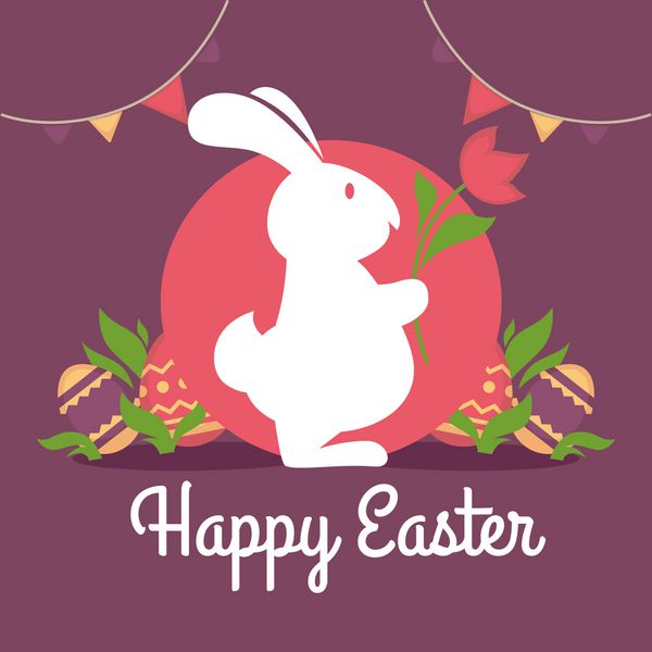 طرح کارت تبریک عید پاک سیلوئت خرگوش با گل