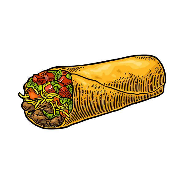 Burrito - غذای سنتی مکزیکی وکتور رنگ وینتیج حکاکی شده است