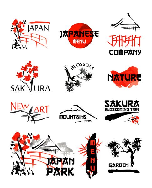 الگوهای لوگو با مناظر آسیایی ساختمان‌ها و نمادهای شکوفه‌دار شاخه‌های ساکورا به سبک سنتی ژاپنی sumi-e علامت وکتور برای طراحی
