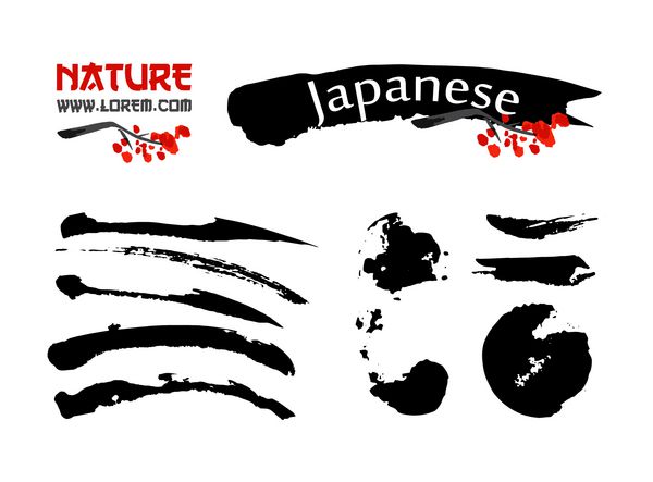 الگوهای لوگو با مناظر آسیایی ساختمان‌ها و نمادهای شاخه‌های شکوفه ساکورا به سبک سنتی ژاپنی sumi-e علامت وکتور و قلم مو مشکی برای طراحی