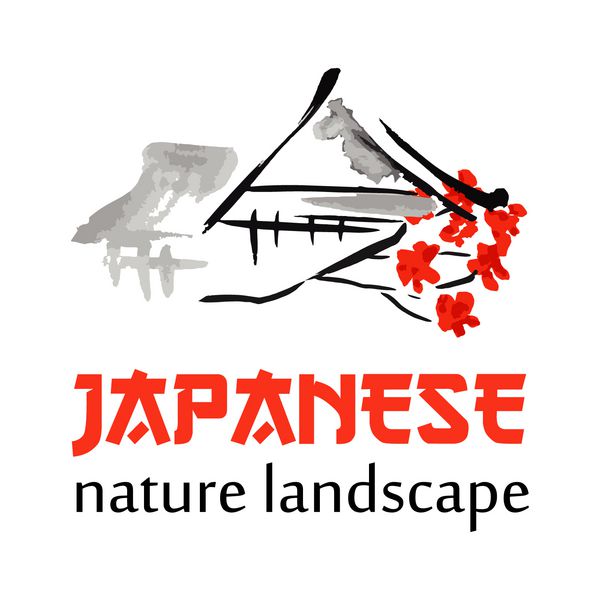 منظره آسیایی نماد ساختمان و شاخه شکوفه ساکورا به سبک سنتی ژاپنی سومی وکتور علامت قرمز هیروگلیپ طرح پارک ژاپن