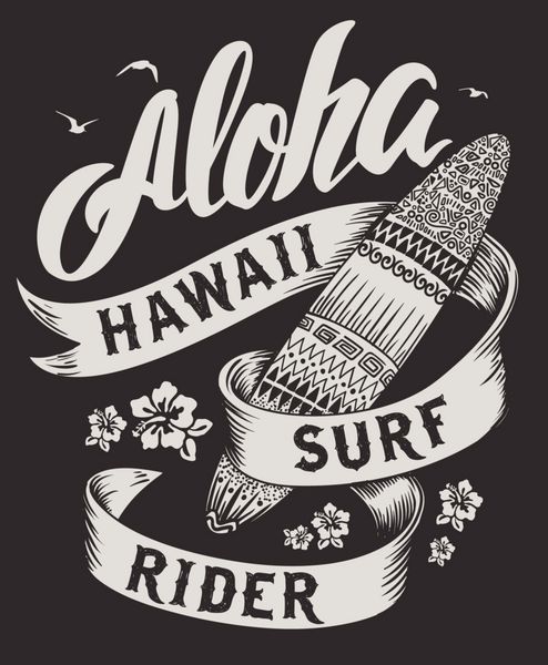 تایپوگرافی Aloha با تصویر تخته موج سواری برای چاپ تی شرت وکتور