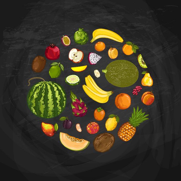 وکتور ترکیب شکل گرد میوه تازه پس زمینه میوه های آبدار تغذیه خوشمزه گیاهی رژیم غذایی سالم ارگانیک آناناس لیمو خرمالو آووکادو انار روی تخته سیاه