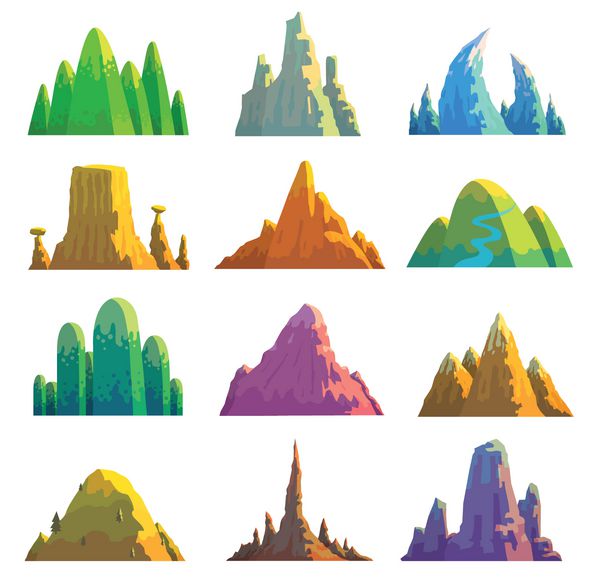 مجموعه وکتور دوازده تصویر کارتونی از کوه های مختلف با رنگ ها و اشکال مختلف در زمینه سفید طبیعت کوهنوردی پس زمینه وکتور