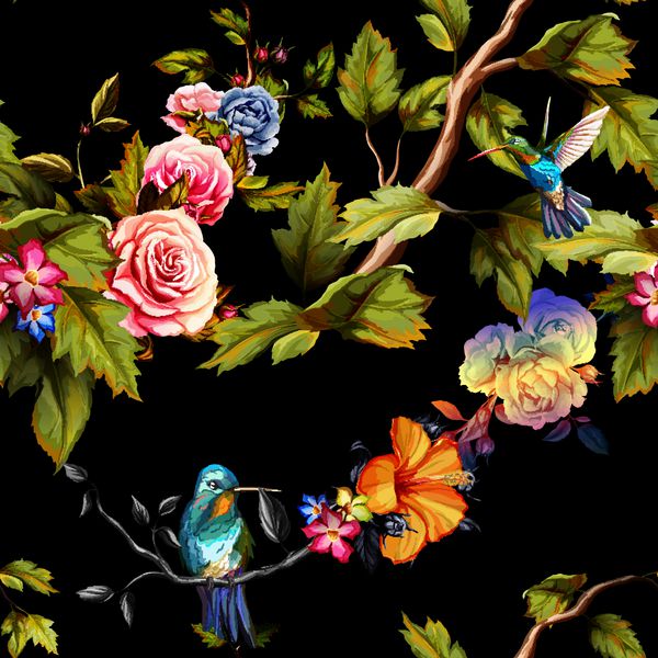 پرنده ی زمزمه گل رز گل صد تومانی با برگ روی مشکی آبرنگ الگوی پس زمینه بدون درز وکتور - سهام