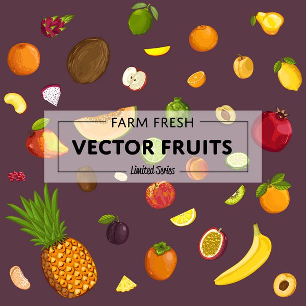 وکتور پوستر میوه تازه مزرعه محصول طبیعی میوه آبدار غذای خوشمزه گیاهی غذای سالم ارگانیک گلابی آهک خربزه آووکادو موز هلو نارگیل سیب پرتقال