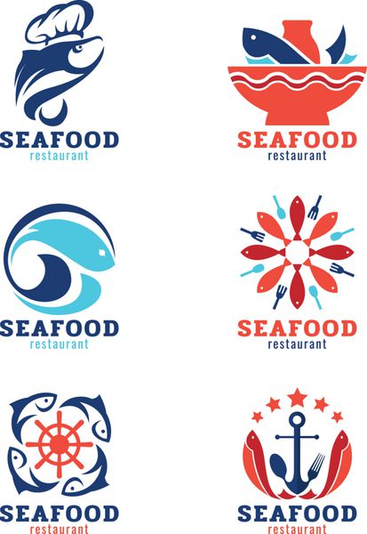طراحی مجموعه وکتور لوگوی رستوران غذاهای دریایی و ماهی