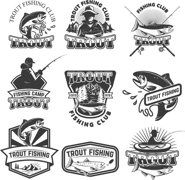 مجموعه ای از نمادهای ماهیگیری قزل آلا جدا شده در پس زمینه سفید عناصر طراحی برای لوگو برچسب پوستر تی شرت وکتور