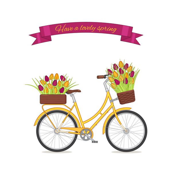 دوچرخه رترو زرد با دسته گل لاله در سبد گل و جعبه روی تنه