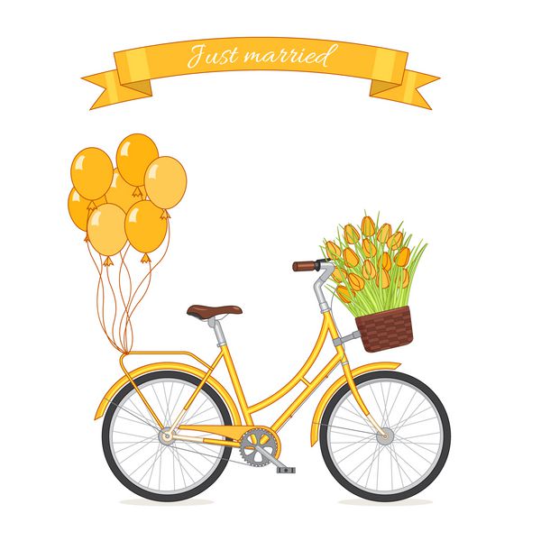 دوچرخه رترو زرد با دسته گل لاله در سبد گل و بادکنک های متصل به تنه